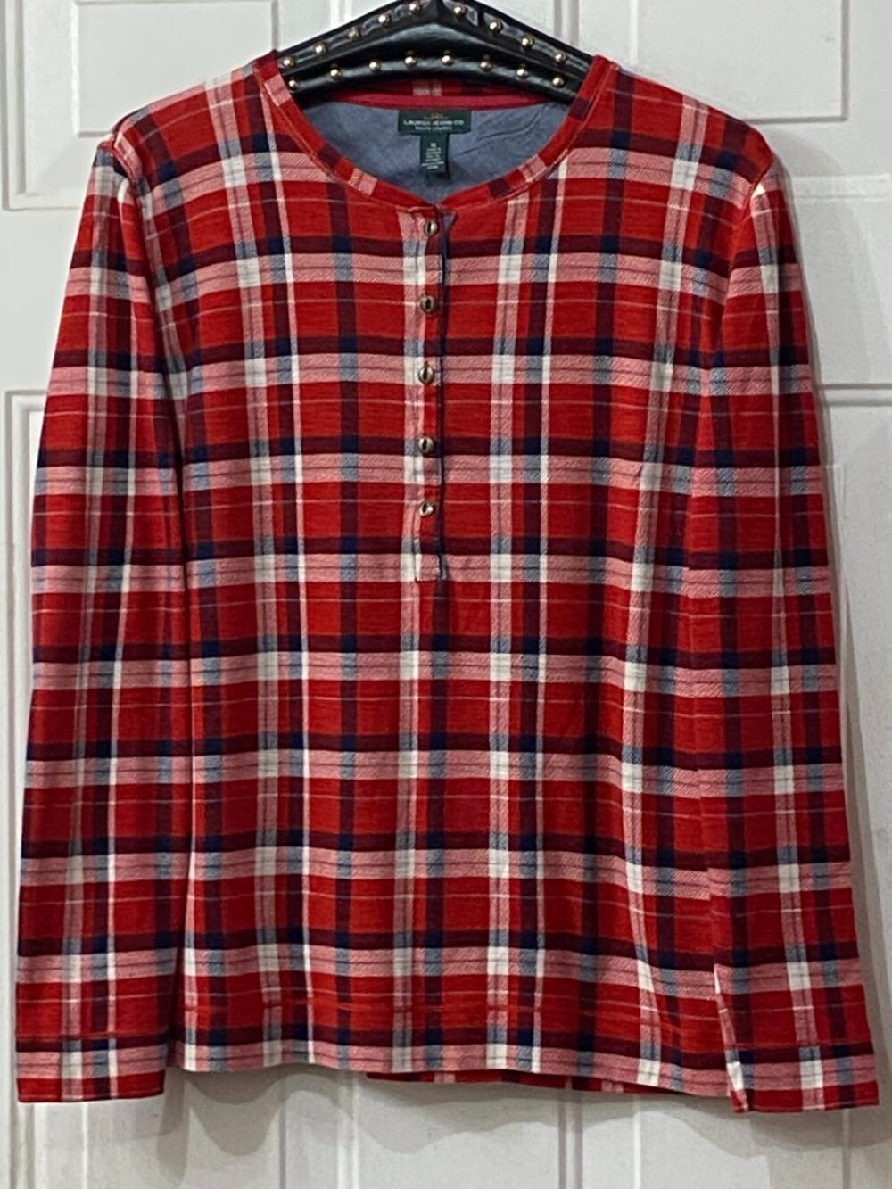 Lauren Ralph Lauren Sz XL Women's Knit Henley Top Long Sleeve Red Plaid